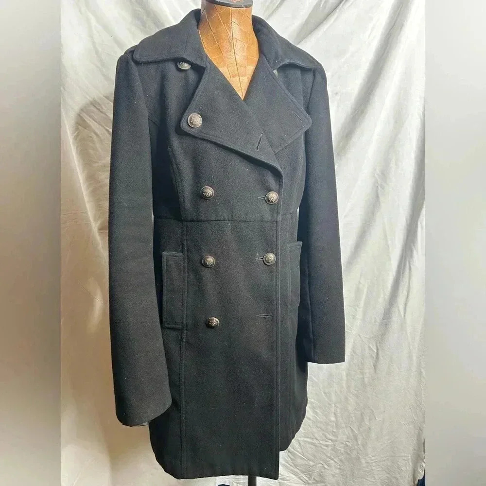 Womens Black Double Breasted Pea Coat Crest Button Mid Length Jacket